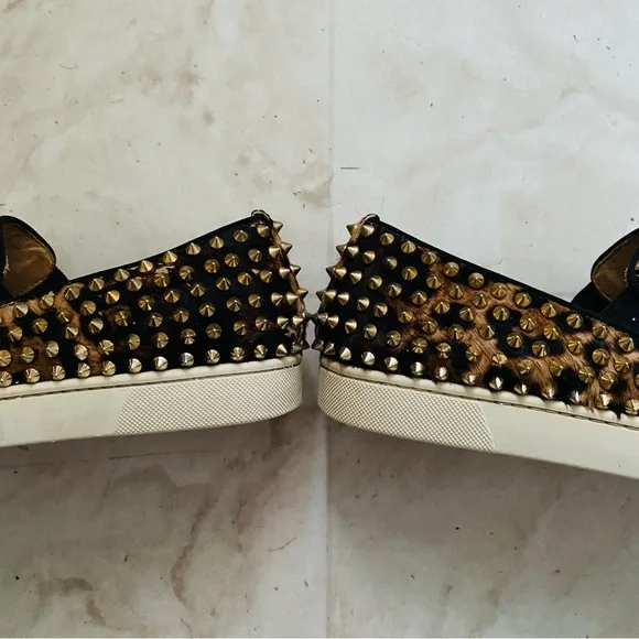 $995 Christian Louboutin Leopard Print Gold Spike Studs Slip-on